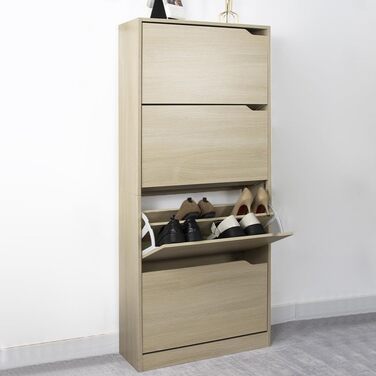 Стеллаж для взуття BAKAJI з МДФ, 4 дверцята, розкладний тримач, вбудовані ручки, подвійна глибина, компактний розмір, Slim 63 x 24 x 150 см, економія місця, для дому, зелений та дуб