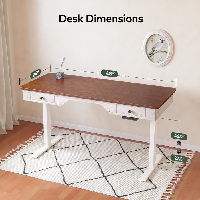 FEZIBO Стол стоячий електричний Mid Century з 2 ящиками, 140 x 60 см. Робочий стіл для дому та офісу з дерев'яною стільницею (світле дерево) та білим каркасом (2 шт.)