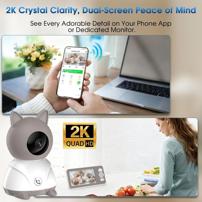 Відеоняня з камерою 2K PTZ: монітор для немовлят з нічним баченням, датчиком руху, лушпаннями, зумом 4x та записом