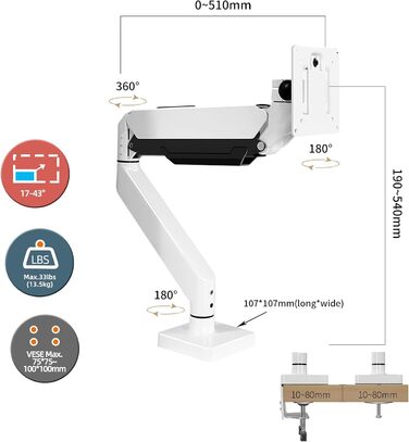 Тримач для монітора Hillport M7P: 17-43 дюйми, VESA 75/100 мм, до 13.5 кг