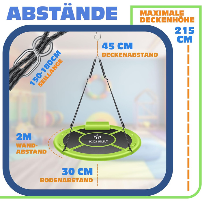 Шоукель KESSER® Tellershaukel Ø 120 см, до 300 кг, з подушкою та 4 ручками, регульована, для дітей та дорослих, зелений