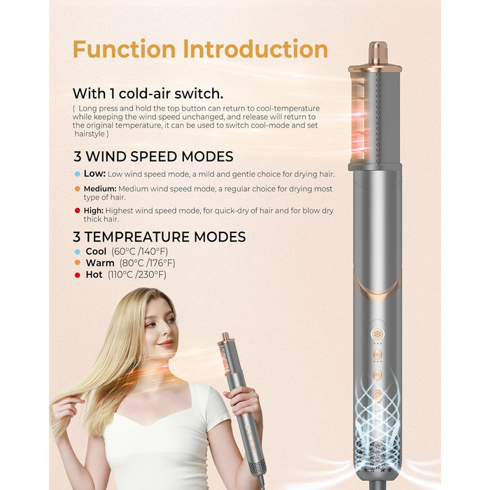 Фен Airstyler 8 в 1 Ion 110 000 об/хв Високошвидкісний фен Набір з щіткою для теплого повітря Пневматична плойка Фен Щітка Кругла щітка Фен Щітка для завивки Щітка для завивки Щітки для укладання волосся Подарунковий набір для жінок, 1400 Вт Сіре золото