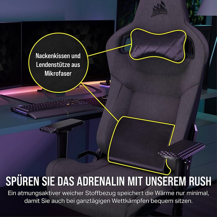 Ігрове крісло Corsair T3 RUSH Fabric (2023) – Стиль автоспорту, тканинне покриття, подушки для шиї та спини