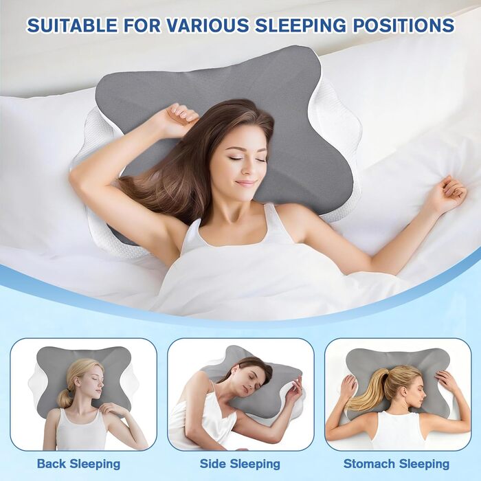 Ортопедична подушка для шиї з Memory Foam, проти болю в шиї та плечах, знімний чохол, сіра