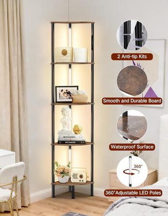 Світлодіодна торшер-полиця з регульованою яскравістю та кольором, пульт ДУ, 5 полиць, кутова, для вітальні, спальні, офісу (Rustikales Braun)