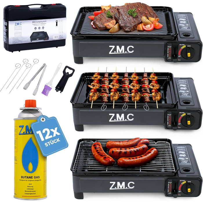 Газовий набір для кемпінгу 2-в-1 Z.M.C: плита та гриль з аксесуарами та кейсом. Плита з Piezo-запалюванням, міні-гриль 2.2kW з LPG-підключенням.