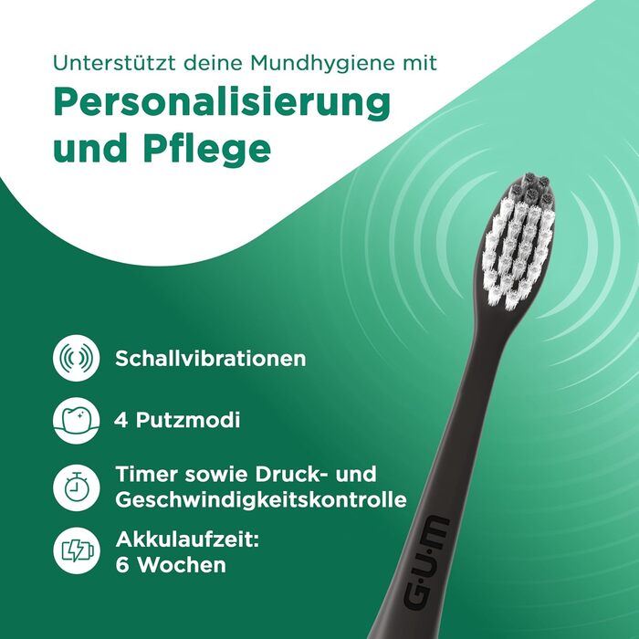 Електрична зубна щітка GUM SMART ONE з контролем швидкості, таймером, 4 режимами чищення, акумулятором до 6 тижнів та додатковими насадками (3 шт) м'ятно-зеленого кольору