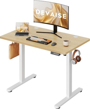 Регульований за висотою стіл Devaise з тихим мотором та функцією пам'яті для 3 положень, стіл для сидіння та стояння, регулювання висоти 72–118 см, ергономічний комп'ютерний стіл для офісу, білий (100x60 см, колір дуб)