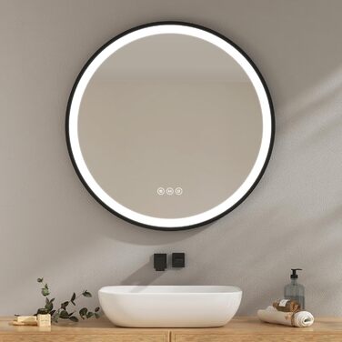 Круглий дзеркало для ванної кімнати EMKE з підсвічуванням 50см, регулювання кольору світла, антизапарник, пам'ять, сенсорне управління, таймер 3 години, енергозберігаючий