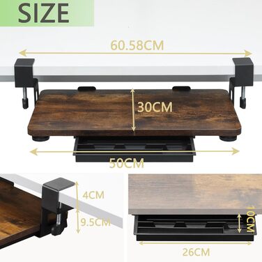 Підставка для клавіатури ETHU, висувна, 50x30 см, з кріпленням C, для монтажу під столом, ергономічна, горіх