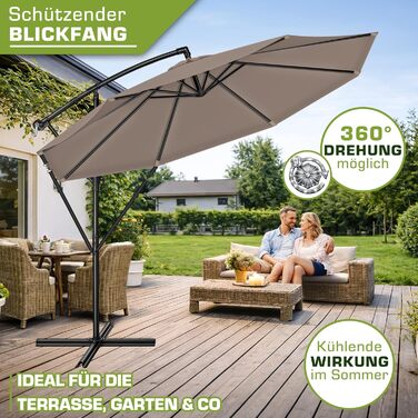 Садова парасолька Tillvex Alu 300 см, Cappuccino: підвісна парасолька-ампеля з кривопотом, стійкою та захистом від вітру, водонепроникна, UV-захист, алюмінієва