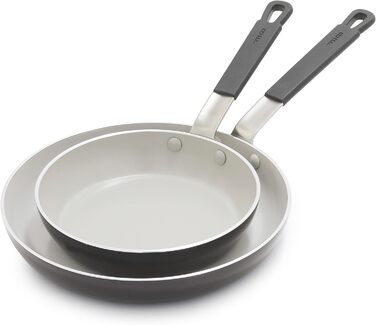 Набір сковорідок GreenPan x Bobby Flay, 20.3 см та 25.4 см, керамічне антипригарне покриття без PFAS та PFOA, індукційне, з силіконовим ручкою, придатні для миття в посудомийній машині та духовці, сірий