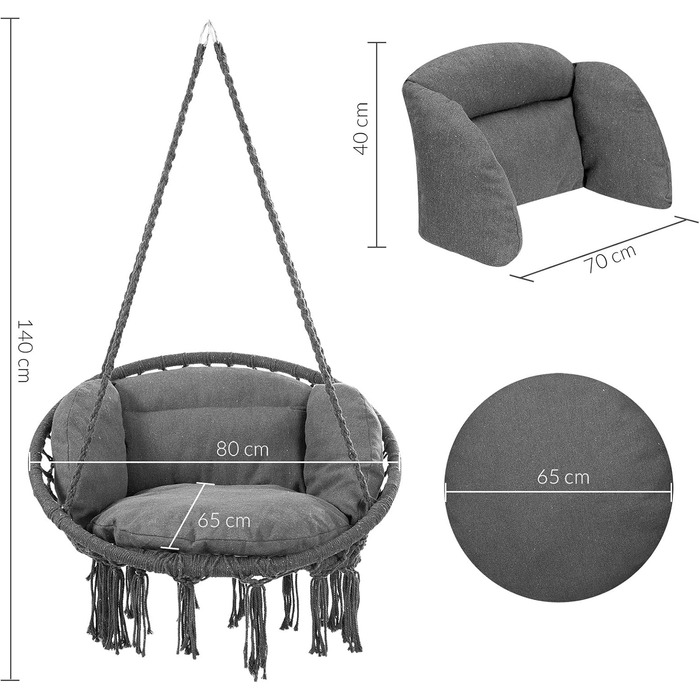 DETEX® Гамак-крісло підвісне до 150 кг, Boho стиль, стійке до погодних умов, сертифікат GS, для саду, 360° обертання, антрацит, для дому та вулиці, з зручною подушкою