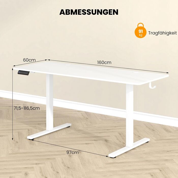 Електричний регульований стіл GYMAX 160x60 см з 3 рівнями пам'яті та системою антиколізії, білий. Комп'ютерний стіл з гачками та отворами для кабелів