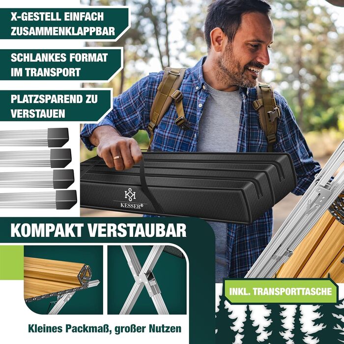 Кемпінговий стіл KESSER® розкладний, з алюмінієвим каркасом, регулювання висоти, 90x53 см, до 100 кг, з сумкою та сітчастою кишенею, (145x70 см, імітація дерева)