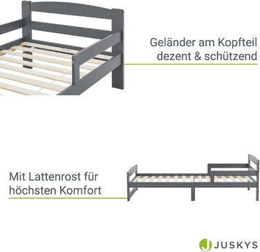 Молодіжне ліжко Juskys Arona 90х200 см з рейковою основою - Каркас ліжка з масиву дерева в - Односпальне ліжко із захистом від випадання - Місце для зберігання під ліжком (сірий)
