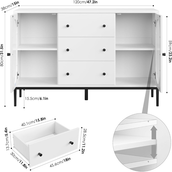 Буфет-шафа FirFurd 120 см білий з робочою поверхнею, 2 скляні дверцята та 3 висувні ящики для кухні, вітальні, їдальні. Розміри: 120x38x80 см