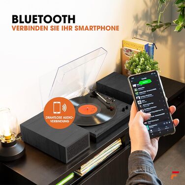 Вініловий програвач RP165B з Bluetooth, вбудованими динаміками, автостопом, кришкою, ретро-дизайн, чорний/коричневий