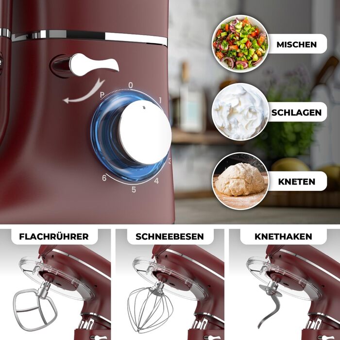 Кухонна машина з тістомісом та машиною для пасти – 2000W, з нержавіючою чашею 6.2L (червона)
