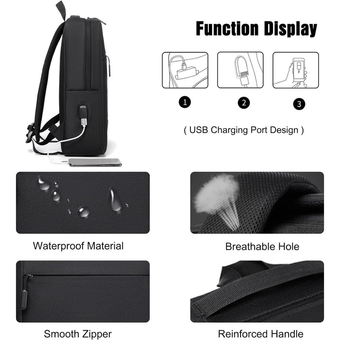 Рюкзак для ноутбука FANDARE Чоловічий Жіночий шкільний рюкзак Денний рюкзак Трекінговий рюкзак з USB-портом для зарядки Денні рюкзаки для ділових поїздок, роботи, відпочинку, ранця на відкритому повітрі (чорні)