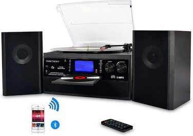 Програвач вінілу з Bluetooth, USB, функцією кодування, CD-програвачем, FM-радіо та касетою, 3 швидкості (33/45/78 об/хв), вбудовані динаміки, мультиколір