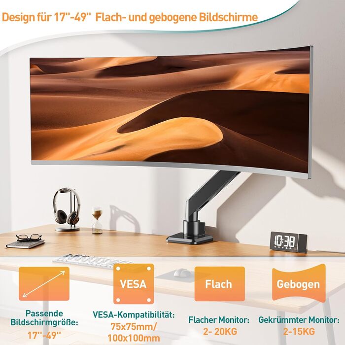 Кріплення для монітора ELIVED EV3227 для моніторів до 49 дюймів, підтримує вагу до 20 кг, VESA 75/100 мм, регульований, на газовій пружині