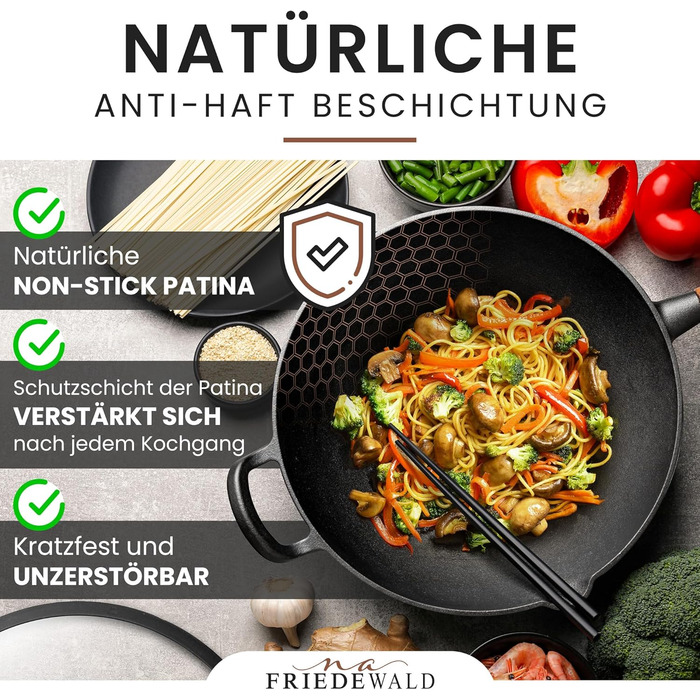 Вок з чавуну Friedewald® з кришкою, 29 см, для 2-4 осіб, сумісний з індукцією, для всіх плит, антипригарне покриття, високий борт, каструля-сковорода