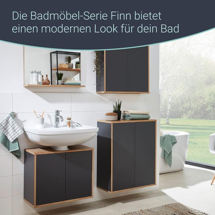 Тумба під раковину FACKELMANN Finn, коричневий світлий, 60 см, ретро стиль, Push-to-Open, без ручок, Made in Germany (Антрацит, тумба + раковина)