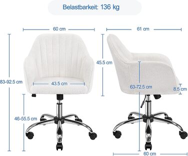 Крісло Yaheetech для дому та офісу: регульоване, обшите велюром, до 136 кг, колір слонова кістка