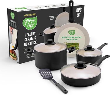 Набір кухонного посуду GreenLife Soft Grip 8 предметів, керамічне антипригарне покриття, чорний та кремовий, для приготування, тушкування, соусів, з кришками