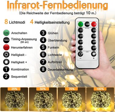 Льохтерна LED 100м з мідного дроту, 1000 LED, 8 режимів, IP44 (водостійка), з пульт та таймером, для прикраси на Різдво, в приміщенні та на вулиці, DIY, тепле біле світло