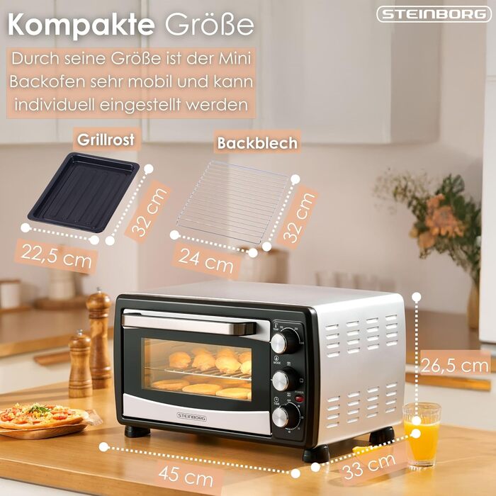 Міні-піч Steinborg® з конвекцією 20 літрів: піч для піци, крихти, конвекція, верхнє та нижнє нагрівання, 1400 Вт, таймер, для кемпінгу або дому