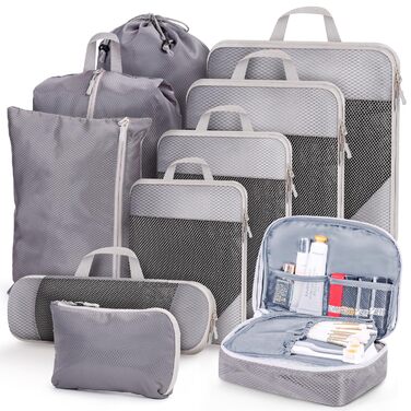 Набір органайзерів для валізи та рюкзака з компресією, 10 предметів, сірий — дорожні сумки для одягу та речей