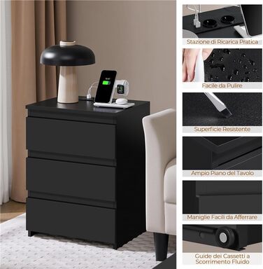 Нічний столик Yaheetech з 3 висувними ящиками, 2 розетками AC та 2 USB-портами, чорний колір. Підходить для спальні/вітальні.