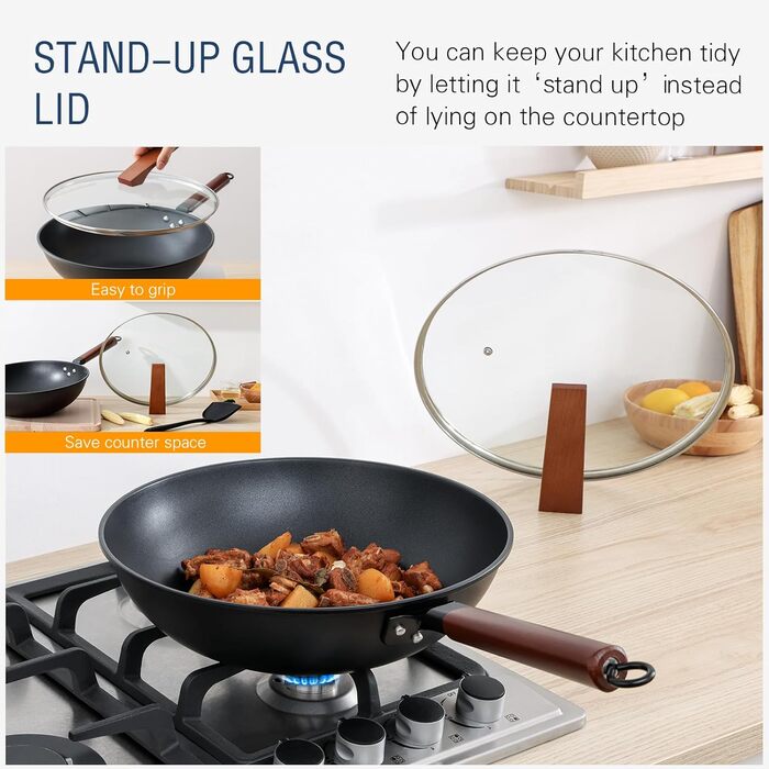 Кордісен Вок з антипригарним покриттям 33 см, 5.6 л з кришкою, без хімічного покриття, попередньо приправлений, підходить для індукційних, електричних та газових плит