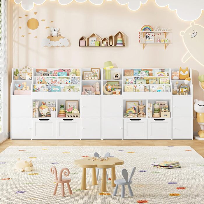 FOREHILL Дитяча полиця-стелаж для іграшок та книг, меблі для дитячої кімнати з ящиками, 122 x 30 x 100 см (білий)