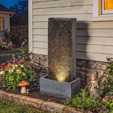Двох'ярусний фонтан для саду з LED-підсвічуванням та насосом, з імітацією граніту, розміром 37,5 x 22 x 80 см