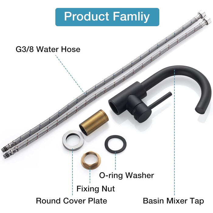 Змішувач для ванної кімнати/кухні 360° з нержавіючої сталі, одноlever, висота виливу 150 мм, чорний матовий, з щіткою Нікель