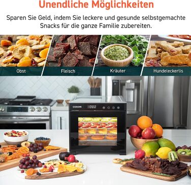 COSORI Дегідратор продуктів з 50 рецептами, 6 піддонів, 3 сітки, 3 килимки, площа 0,6 м², таймер 48 год, LED-дисплей (35°-75°C), 650W, сірий