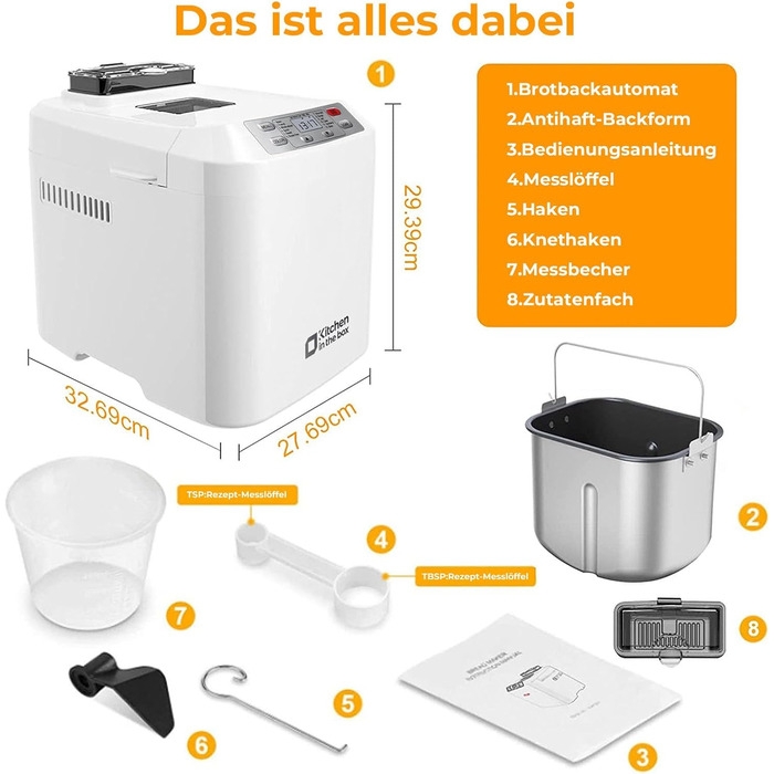 Хлібопекарня Kitchen in the Box з 12 програм, дозувальник і антипригарна форма, таймер 13 годин, білий