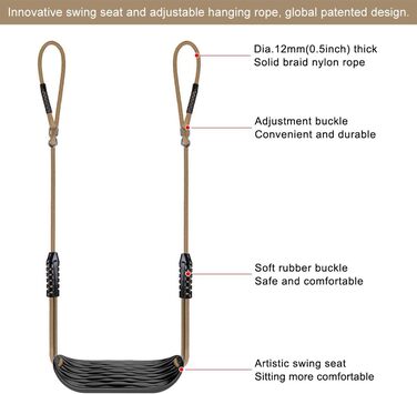 Гойдалка садові SELEWARE для дітей та дорослих: комплект з канатом 2м та 2 карабінами, чорна (Noir-2er)