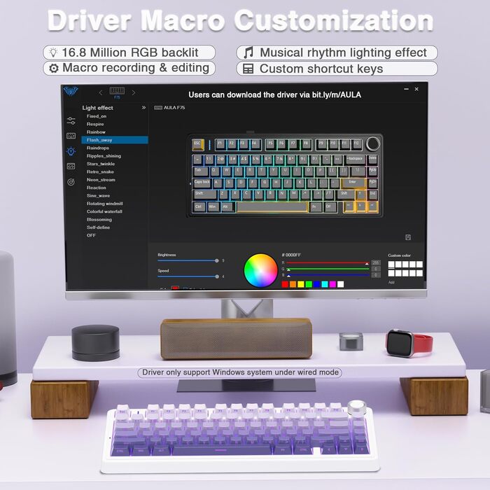 Механічна клавіатура AULA F75 PRO для геймінгу: 2.4GHz/Type-C/BT5.0, Hot-Swap, бездротова, 75%, QWERTY (сіра/фіолетова з градієнтом)
