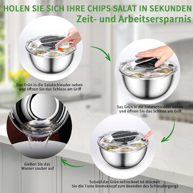 Салатниця-центрифуга 4.5л з нержавіючої сталі - для миття овочів, зелені та ягід