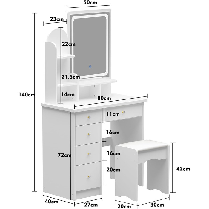Туалетний столик зі світлодіодом, дзеркало, 5 ящиків, табурет, білий, МДФ, 80x40x140 см