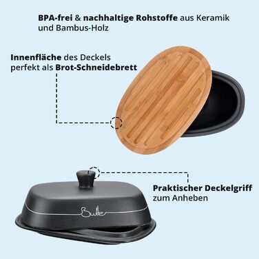 Набір контейнерів для картоплі, цибулі та часнику KHG, 3 шт., кераміка, бамбукові кришки, сірий антрацит, об'єм 3 л та 1,5 л (хлібниця та маслоблок)