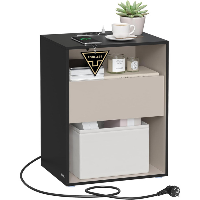 VASAGLE тумбочка з USB зарядкою, безінструментальна збірка, спальня, з шухлядою, чорна-капучино LET777B04
