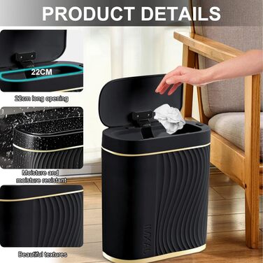 Автоматичний сміттєвий бак Schwarz 8L з сенсором, 8 літрів, чорний - для ванної кімнати, кухні, безшумний, герметичний, з датчиком