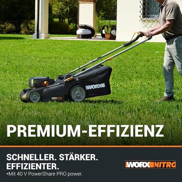 WORX WG737E акумуляторний газонокосарка Nitro 40V (2x20V) - безщітковий двигун, ширина зрізу 37 см, 6 рівнів висоти зрізу (20-70 мм), 40л травозбірник, 2x4Ah акумулятори та подвійний зарядний пристрій, без приводного колеса