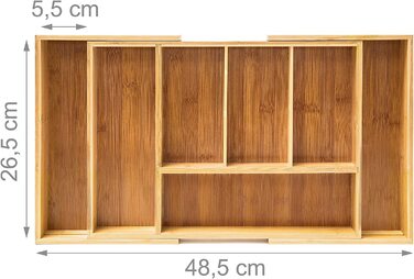 Висувний ящик для столових приладів Relaxday HBT бамбукова вставка для столових приладів 5x48, 5x28 см з 5-7 відділеннями в якості кухонного органайзера і підставки для столових приладів.