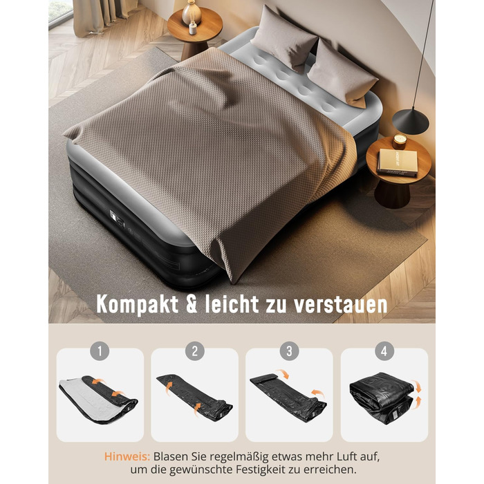 Надувне ліжко Airefina з самонадувною функцією та вбудованим насосом. Розмір 203x152x46 см (подвійне). Для кемпінгу та дому. Міцне гостьове ліжко.